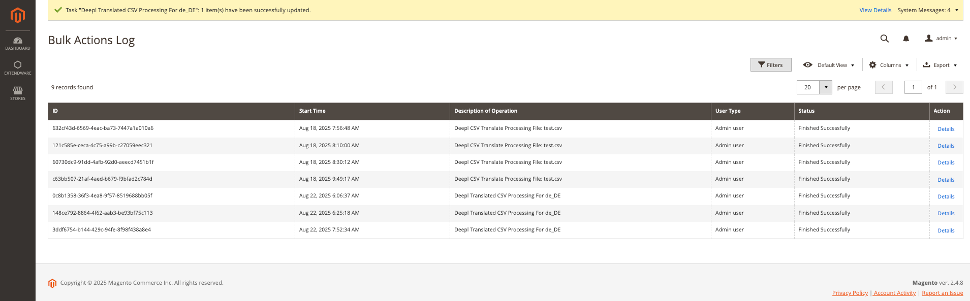 Bulk Actions Log