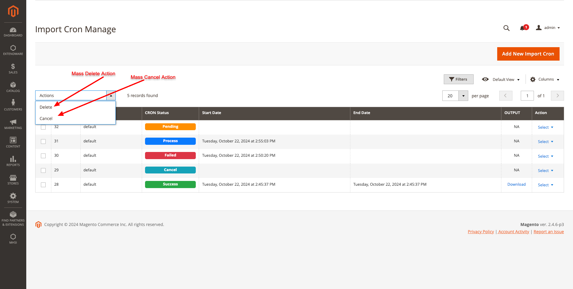 IMPORT CRON MANAGE GRID MASS ACTION