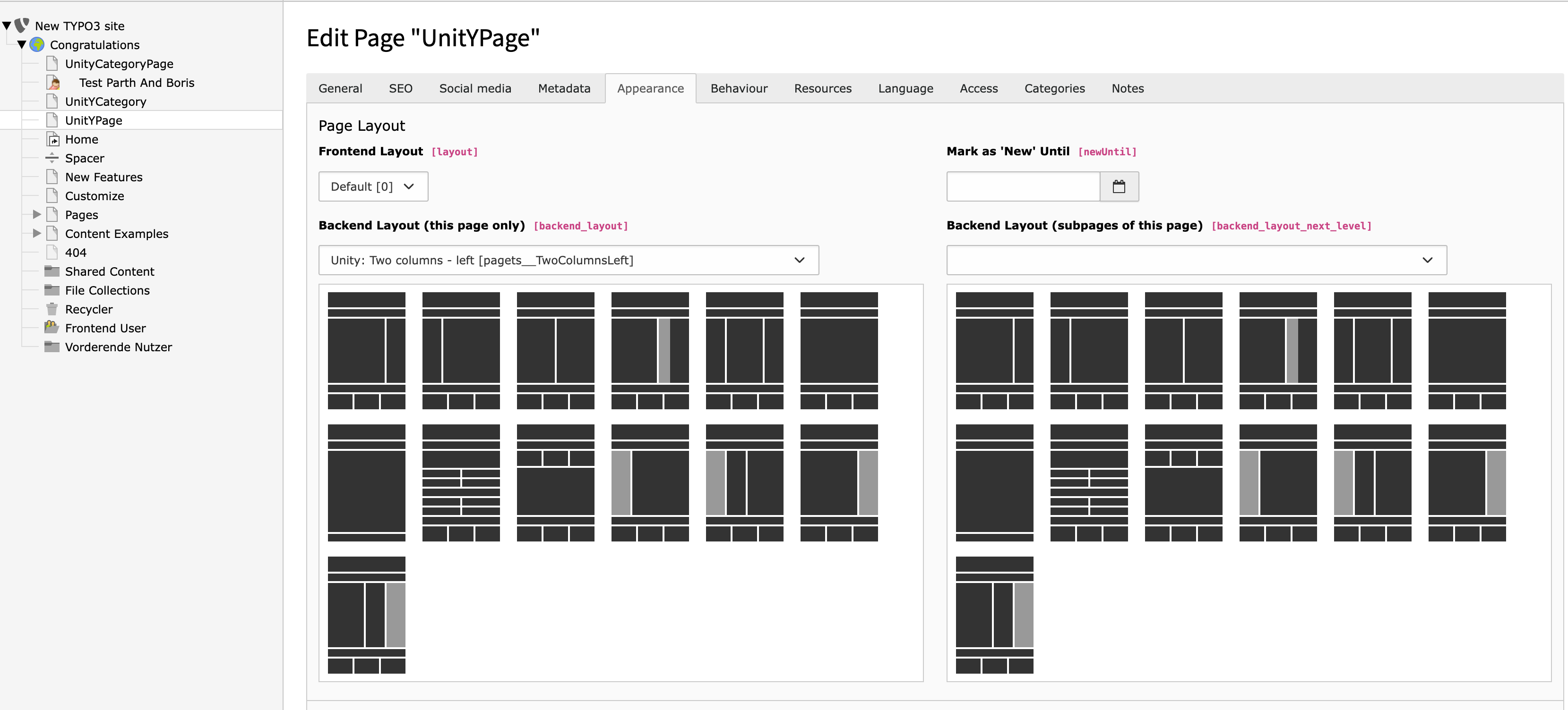 TYPO3 Backend showing the Page properties and a Unity Three Column Backend Layout selected